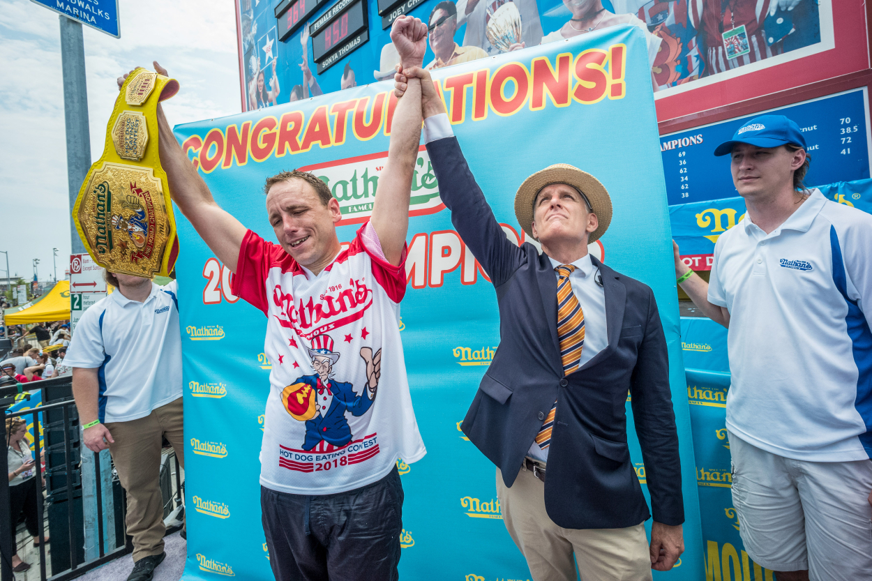 Joey Chestnut at the 2018 Nathan's Hot Dog Eating Contest.