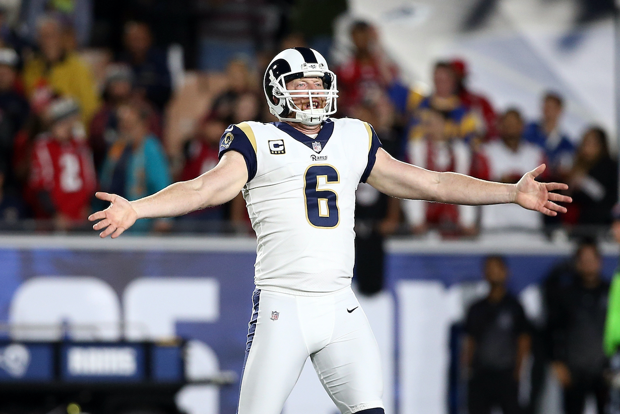 Johnny Hekker of the Los Angeles Rams reacts after a 66 yard punt in the first quarter during the NFC Wild Card Playoff Game against the Atlanta Falcons at the Los Angeles Coliseum on January 6, 2018 in Los Angeles, California.