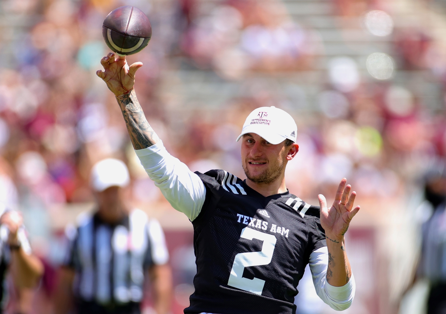 Johnny Manziel throws a pass during half time of the spring game at Kyle Field on April 24, 2021.