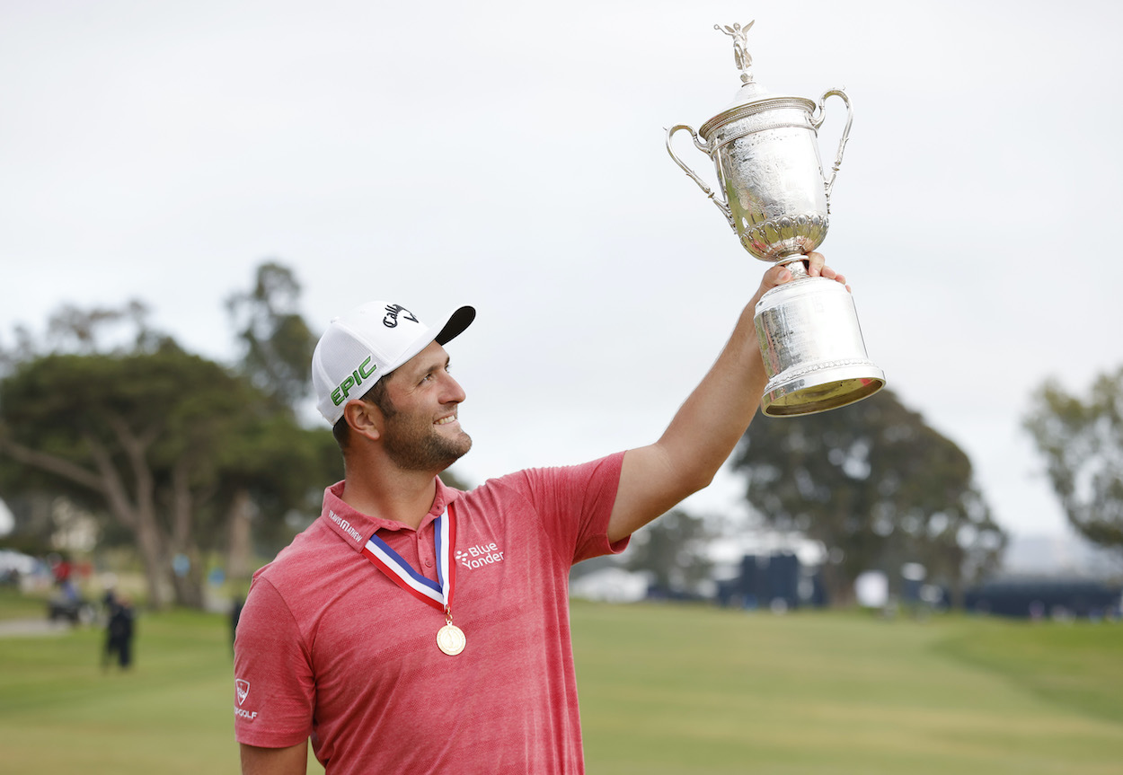 Jon Rahm of Spain celebrates with the trophy after winning during the final round of the 2021 U.S. Open at Torrey Pines Golf Course (South Course) on June 20, 2021 in San Diego, California.