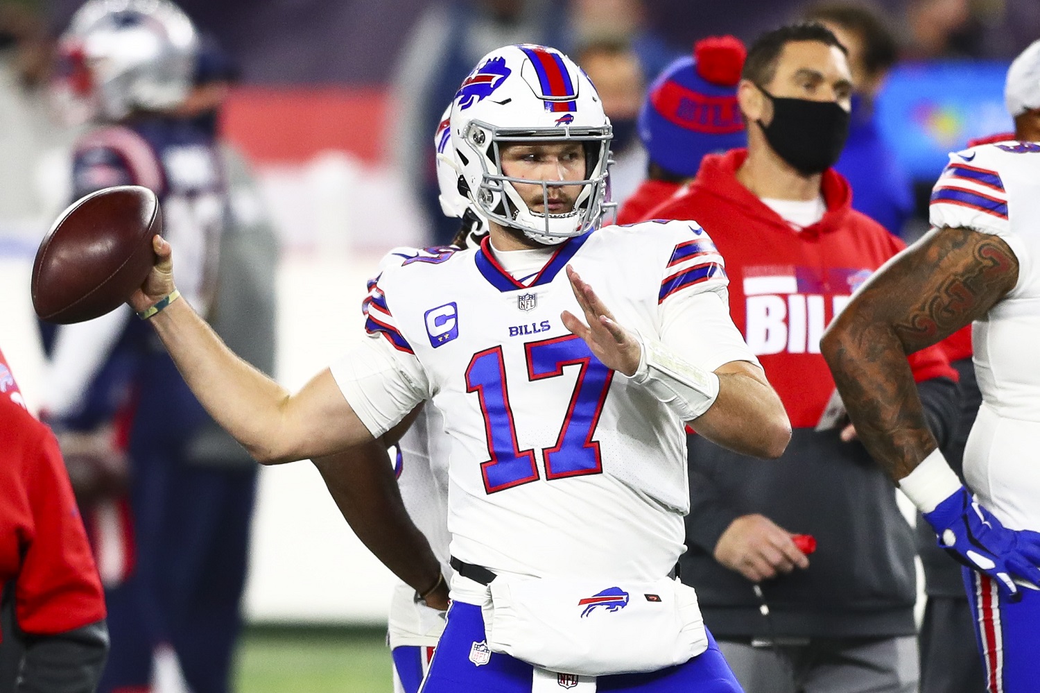 Josh Allen of the Buffalo Bills warms up before a game against the New England Patriots at Gillette Stadium on Dec. 28, 2020.