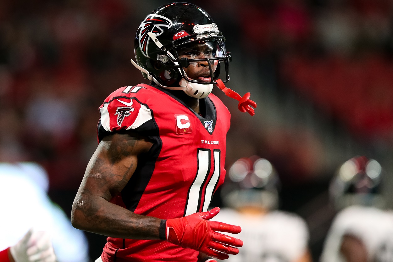 New Tennessee Titans wideout Julio Jones during a Falcons-Jaguars matchup in December 2019