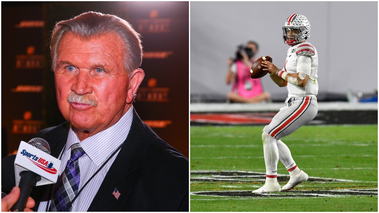 (L-R) Chicago Bears legend Mike Ditka is seen giving an interview, Bears QB Justin Fields drops back to pass at Ohio State.