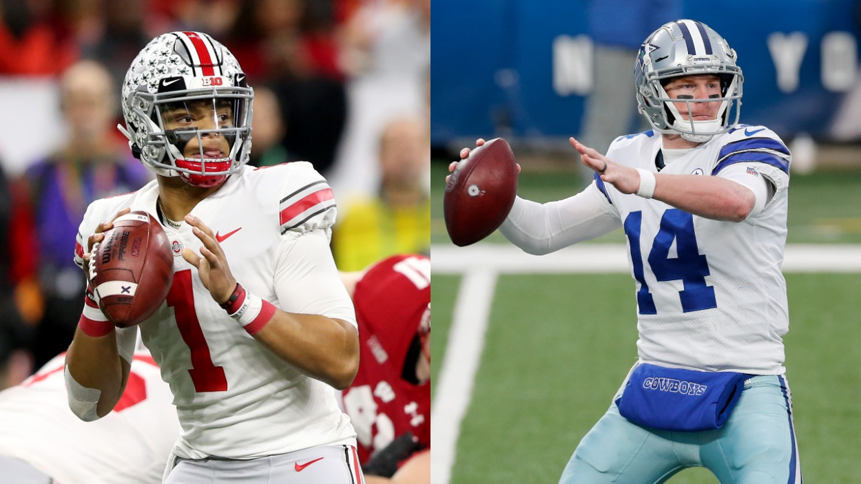 Bears rookie quarterback Justin Fields and veteran QB Andy Dalton.