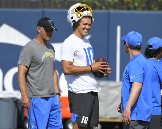 Justin Herbert of the Los Angeles Chargers during mandatory minicamp where he spoke with Drew Brees
