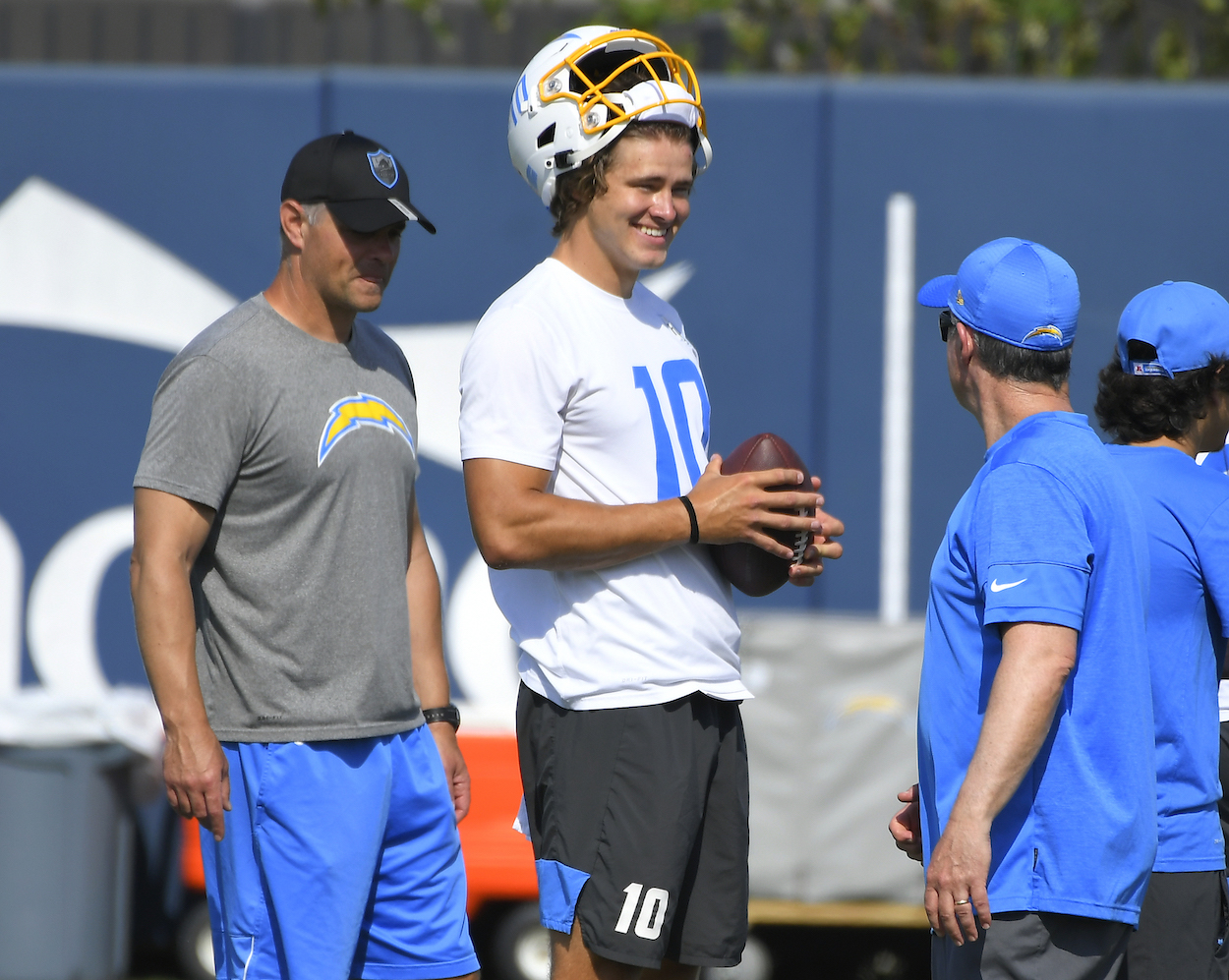 Justin Herbert of the Los Angeles Chargers during mandatory minicamp where he spoke with Drew Brees