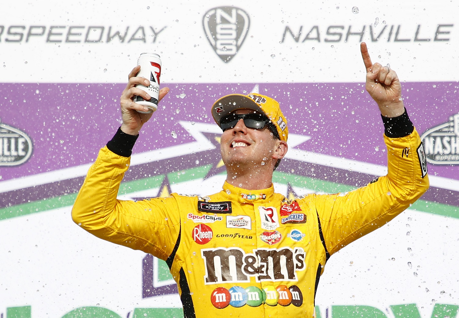 Kyle Busch celebrates in victory lane after winning the NASCAR Xfinity Series Tennessee Lottery 250 at Nashville Superspeedway on June 19, 2021.