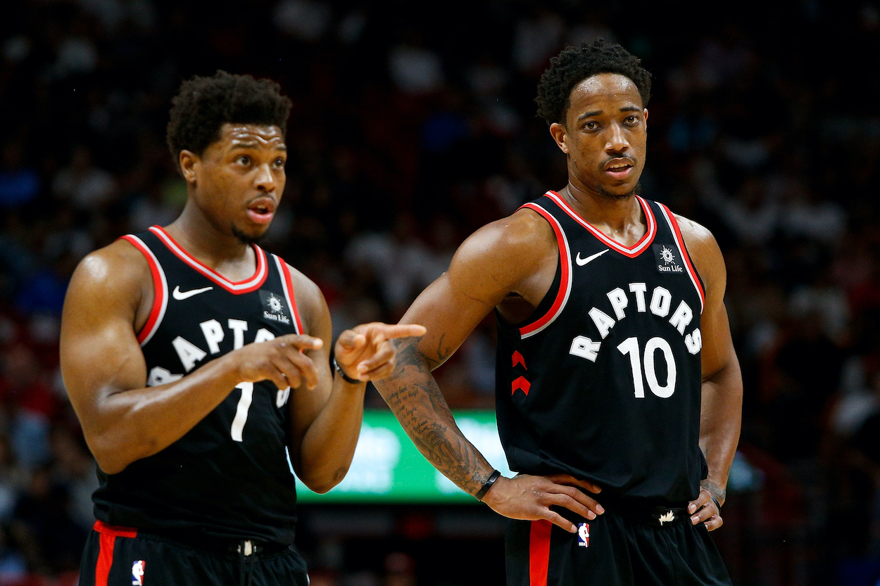DeMar DeRozan and Kyle Lowry pictured together as Toronto Raptors. Could they reunite as Dallas Mavericks with Luka Doncic?