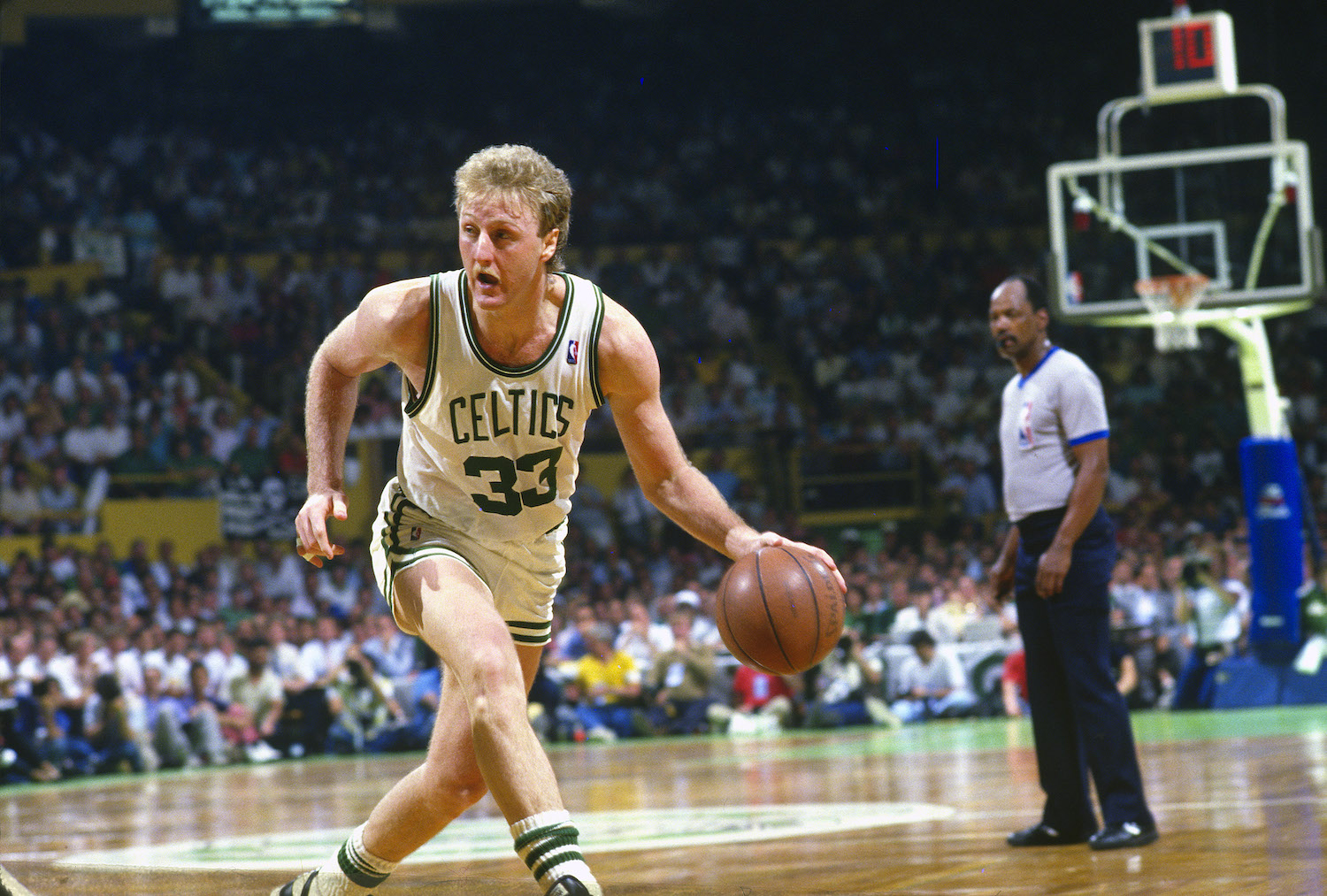 Boston Celtics forward Larry Bird drives to the basket during the 1987 NBA playoffs.