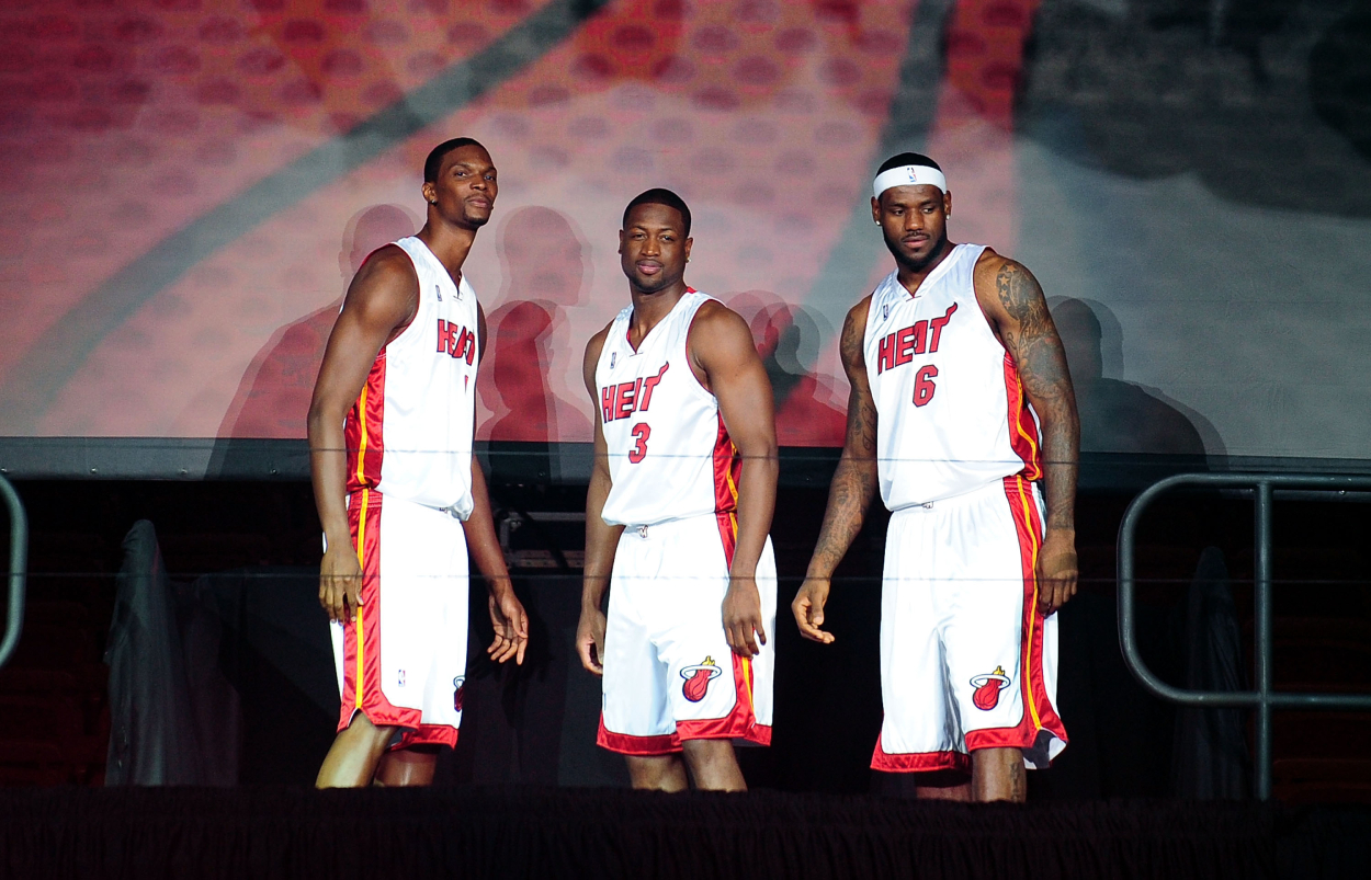 Chris Bosh, Dwyane Wade, and LeBron James after signing with the Miami Heat in 2010.