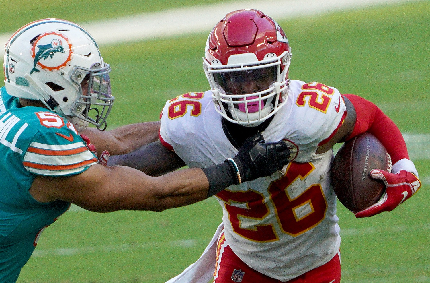 Le'Veon Bell of the Kansas City Chiefs carries the football during the first half of a game against the Miami Dolphins on Dec. 13, 2020.