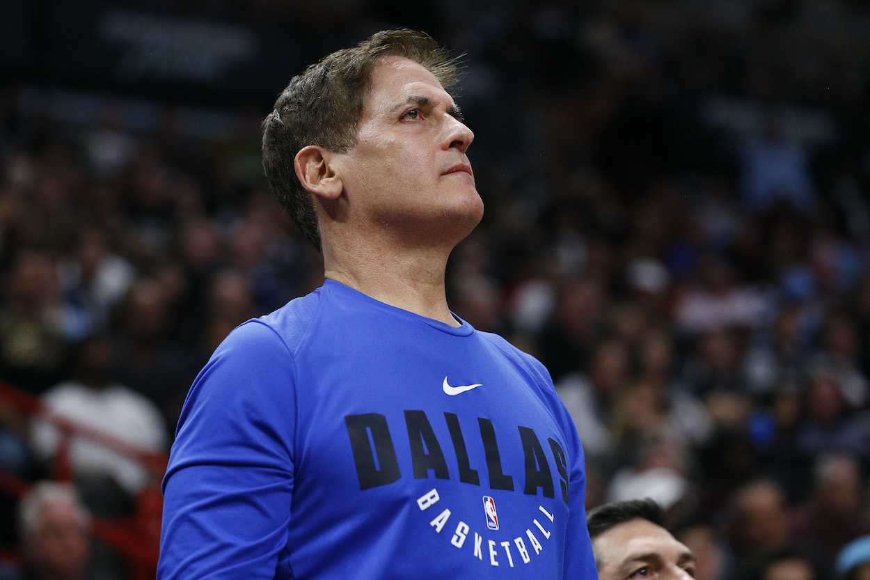 Mark Cuban, who just hired a new Dallas Mavericks GM, reacts against the Miami Heat during the second half at American Airlines Arena on February 28, 2020 in Miami, Florida.