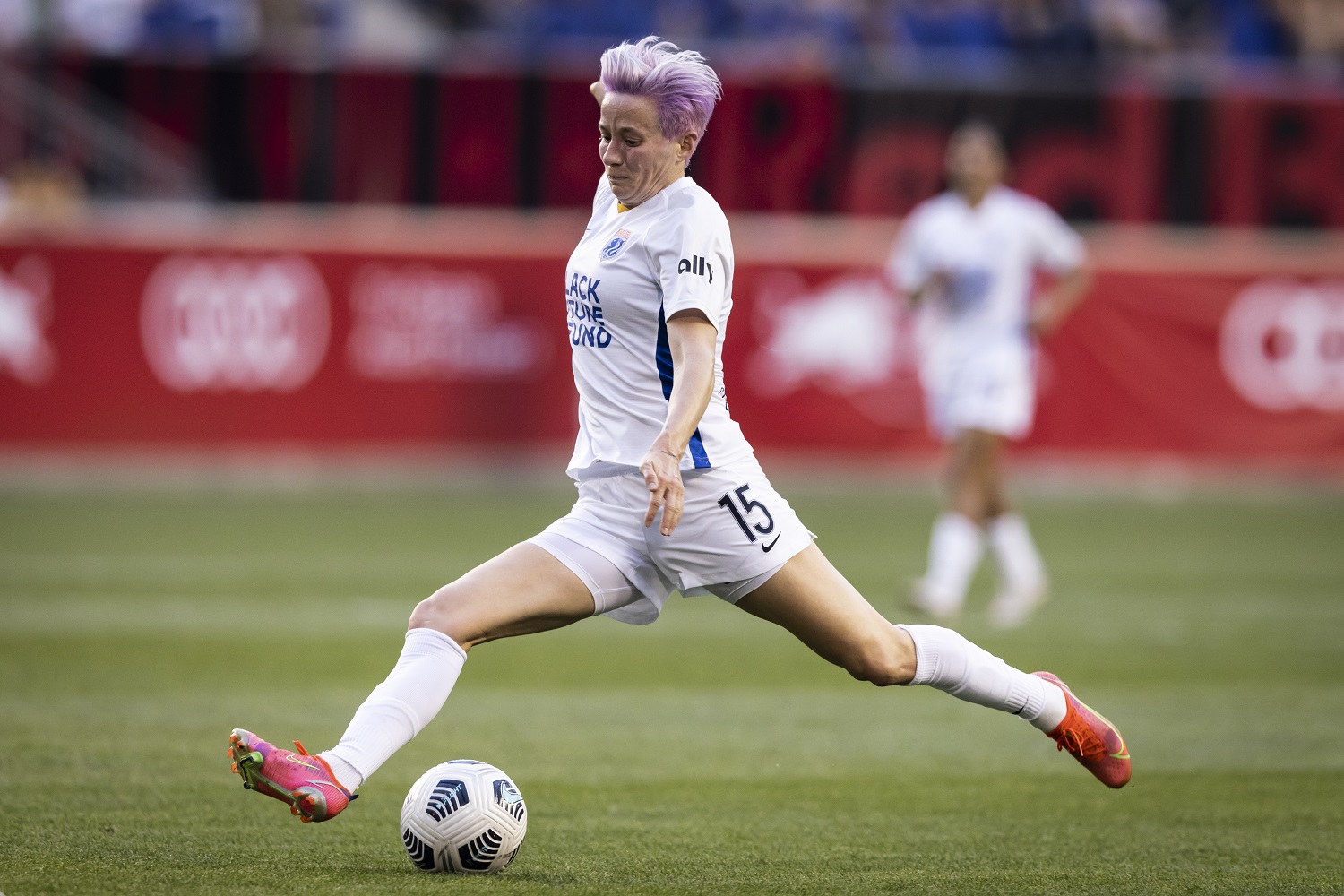 Megan Rapinoe shoots during a NWSL game on June 5, 2021.