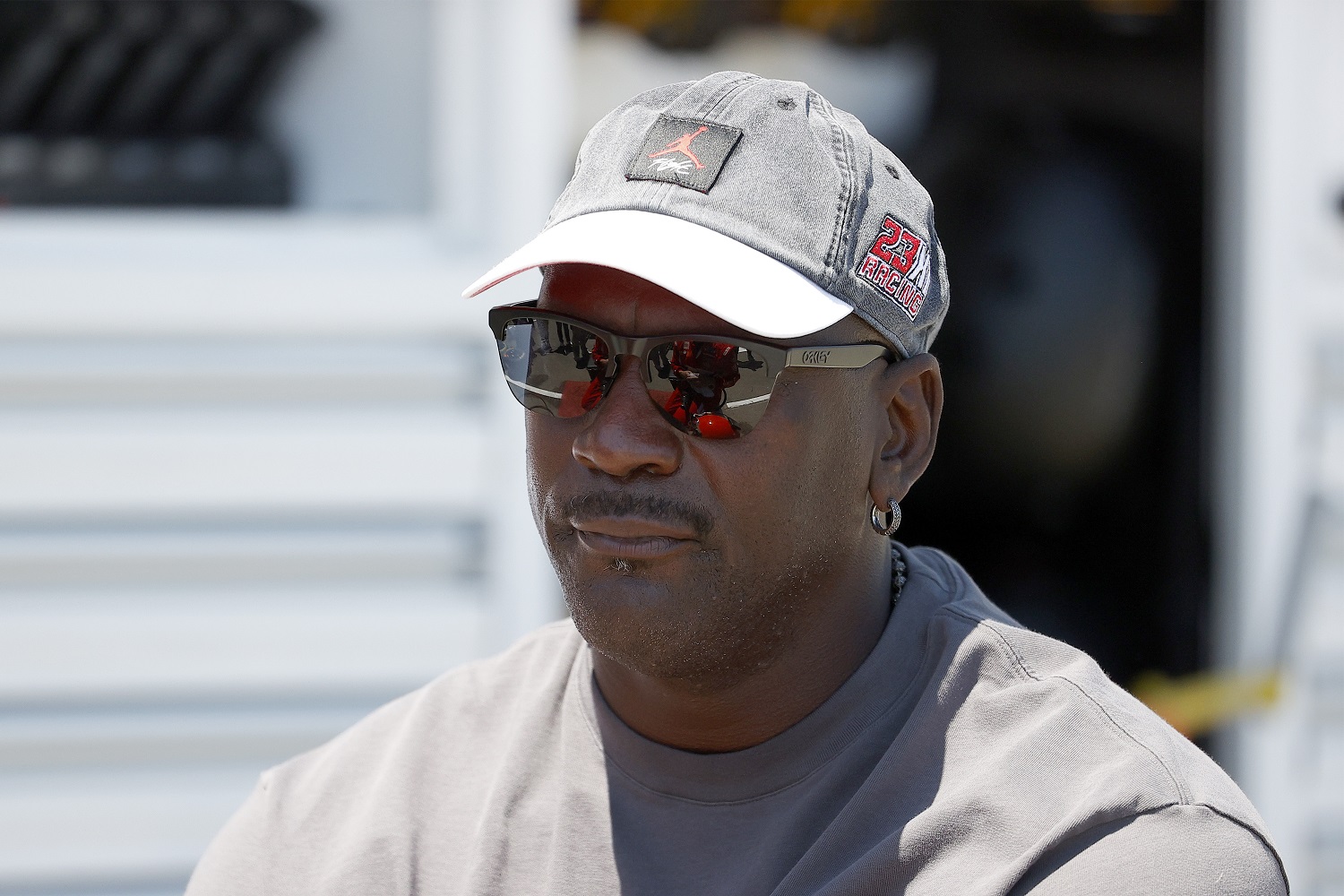 NBA Hall of Famer and c23XI Racing co-owner Michael Jordan waits in the pit area before the NASCAR Cup Series race at Sonoma Raceway on June 6, 2021.