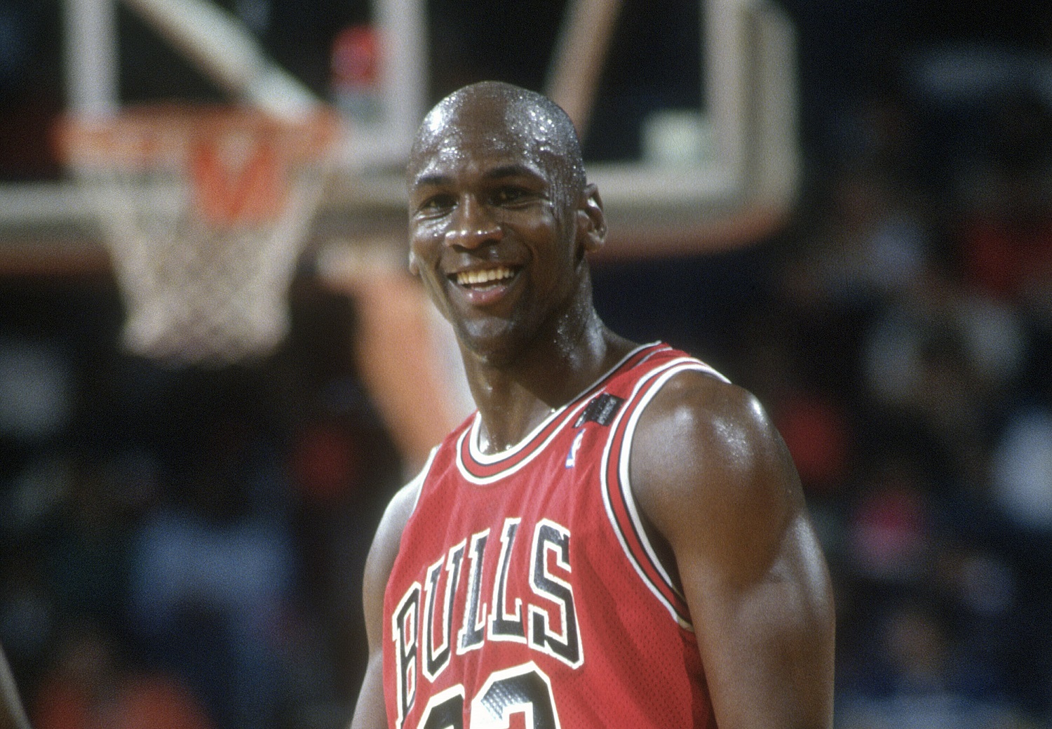Michael Jordan of the Chicago Bulls looks on against the Washington Bullets during an NBA basketball game circa 1992 at the Capital Centre in Landover, Maryland.