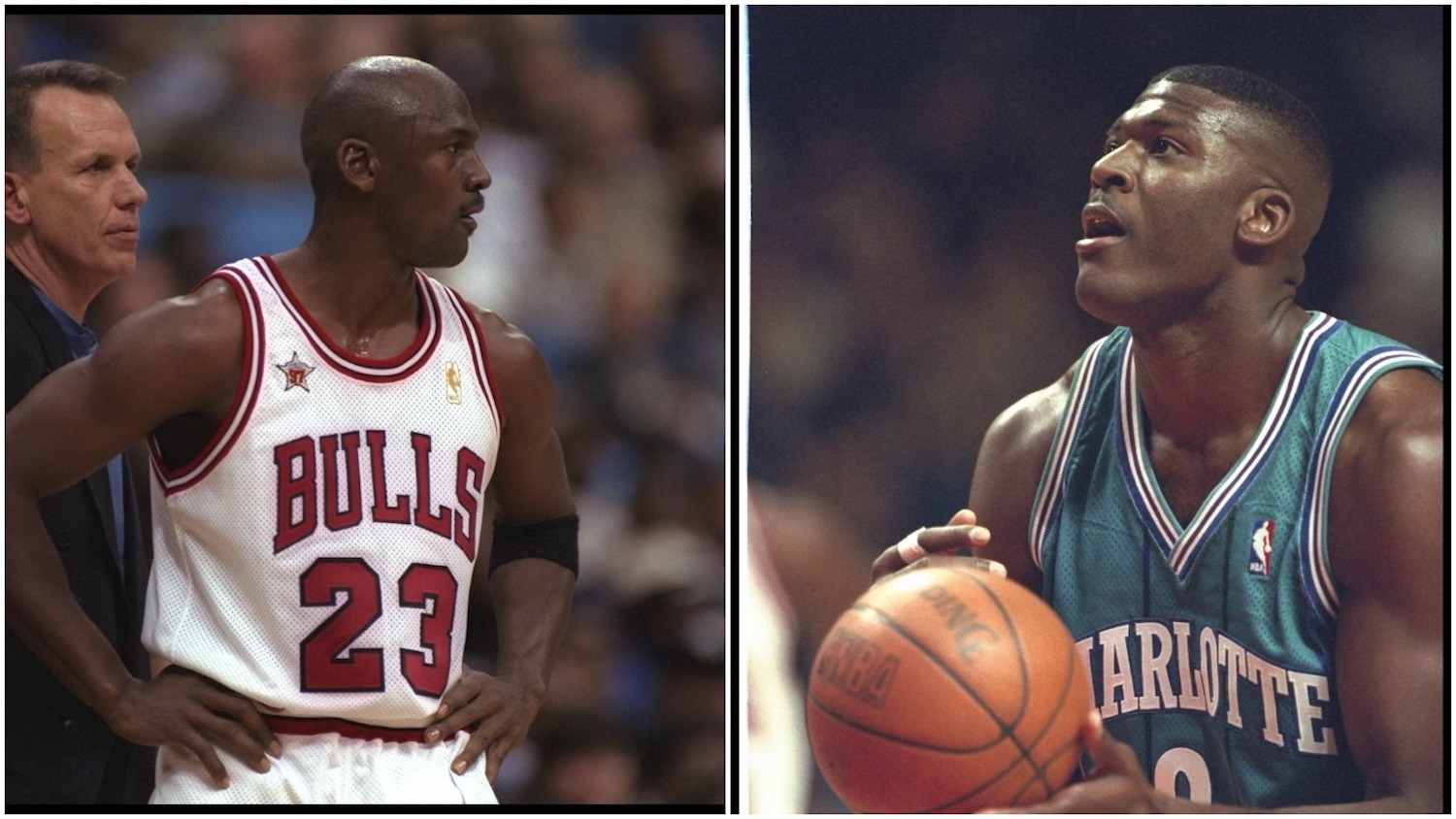 A photo of Michael Jordan in his Bulls jersey alongside a photo of Larry Johnson about to shoot the basketball