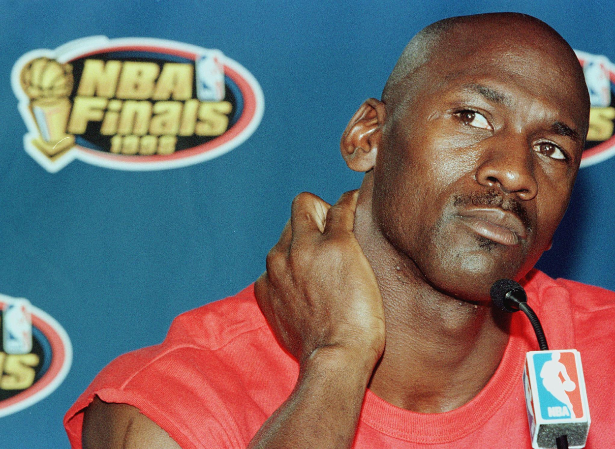 Michael Jordan during a press conference for the 1998 NBA Finals.