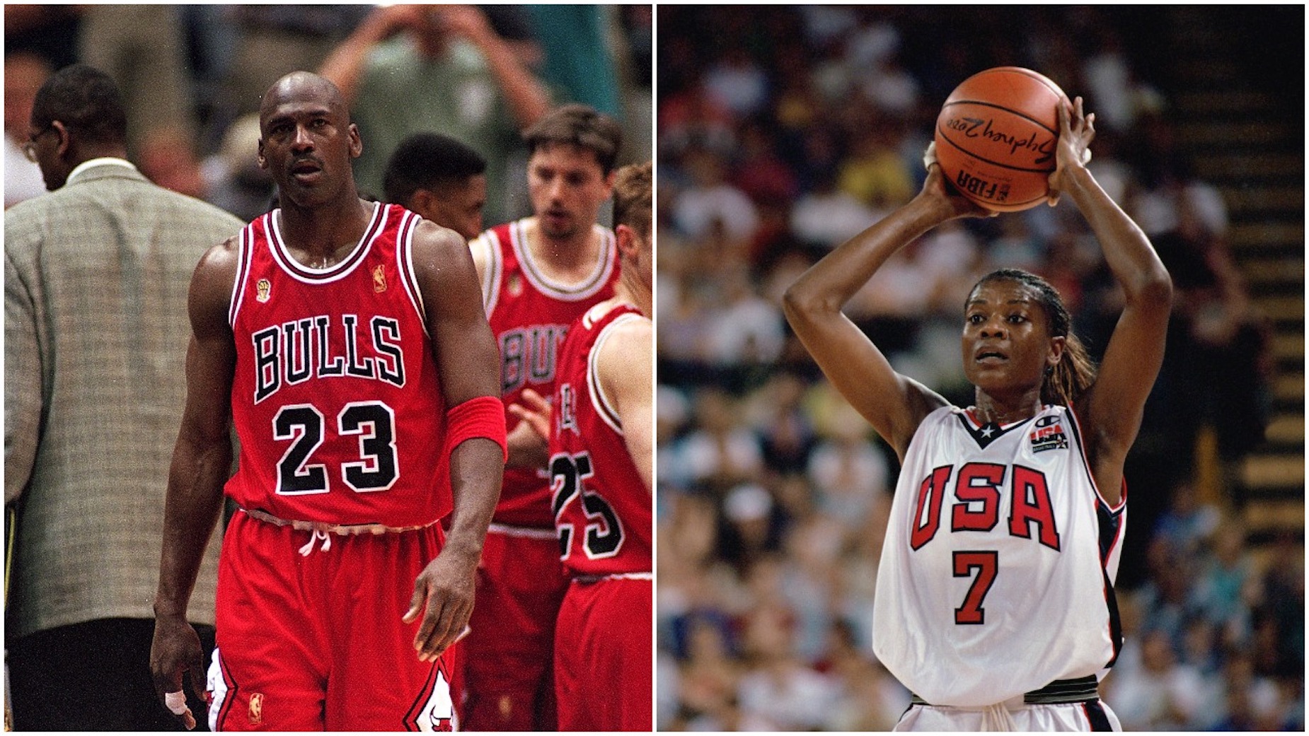 Michael Jordan (L) and Sheryl Swoopes (R) are both basketball legends.