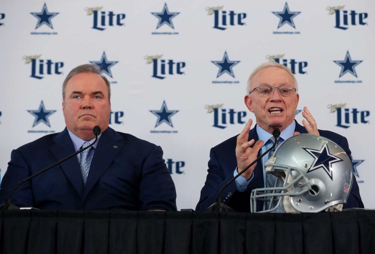 Head coach Mike McCarthy, who has the best odds to be the first NFL coach fired in 2021, sits next to Dallas Cowboys owner Jerry Jones during a press conference at the Ford Center at The Star on January 08, 2020 in Frisco, Texas.