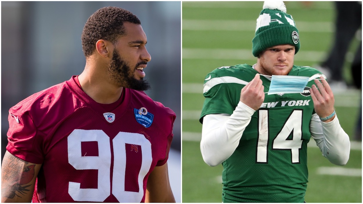 (L-R) The Washington Football Team's Montez Sweat and Carolina Panther's QB Sam Darnold are at the center of the NFL players not getting vaccinated debate.