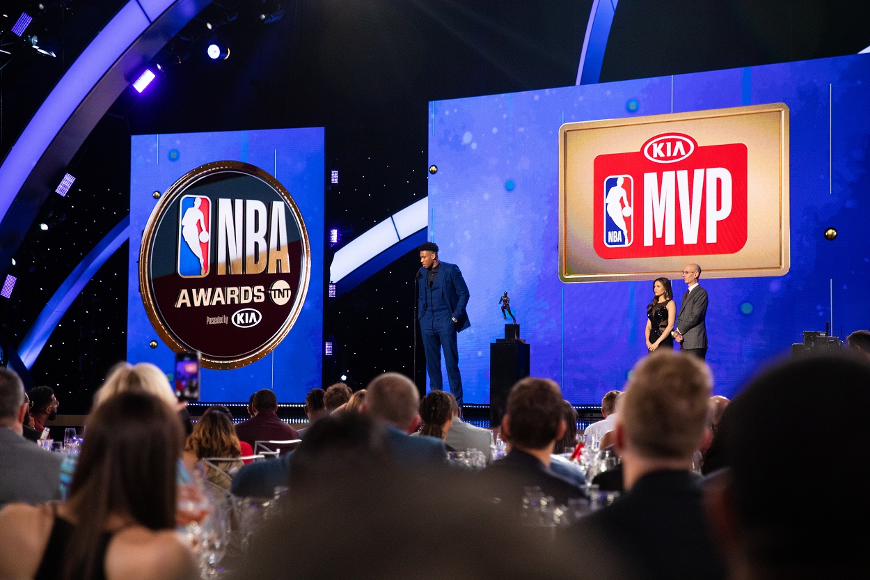 Giannis Antetokounmpo accepts his NBA MVP award in June 2019