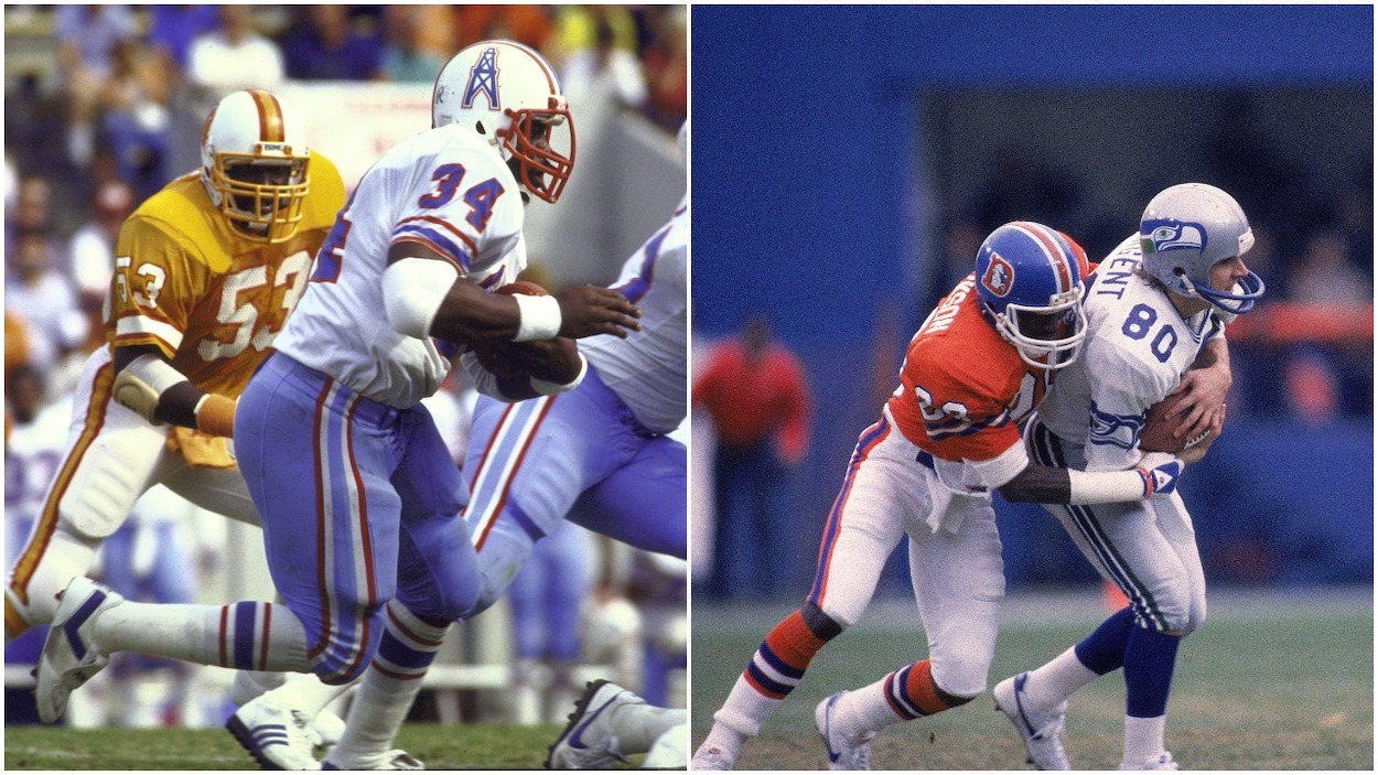 a new NFL helmet color rule will allow for throwback like the ones seen here: (L-R) Houston Oilers Earl Campbell in action, rushing vs Tampa Bay Buccaneers in 1983; Seattle Seahawks Steve Largent in action vs Denver Broncos Robert Jackson in 1984.