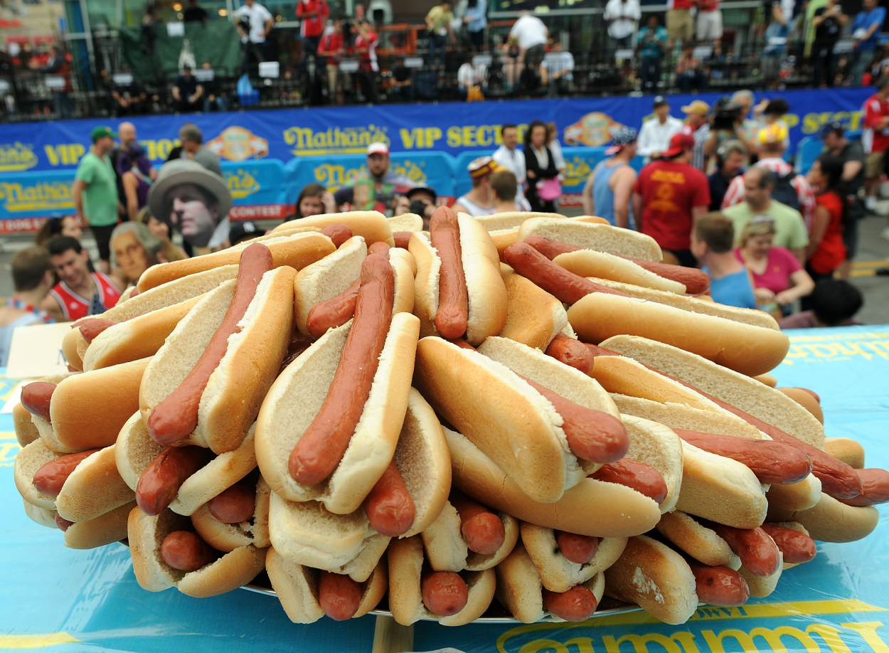 A plate of hot dogs at the 2015 Nathan's Hot Dog Eating Contest.