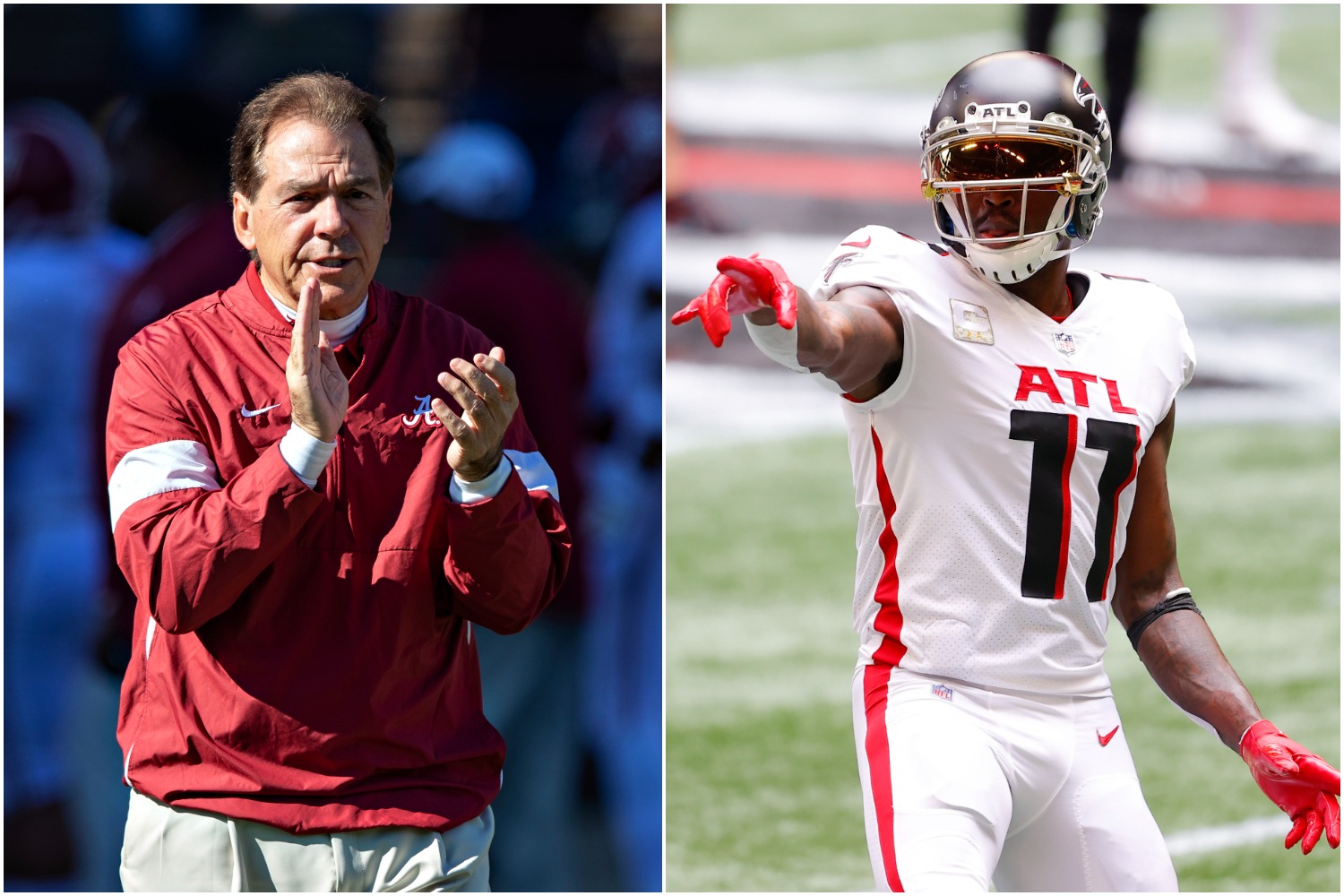 Alabama head coach Nick Saban cheers his team on as Atlanta Falcons wide receiver Julio Jones points toward the sideline during warmups.