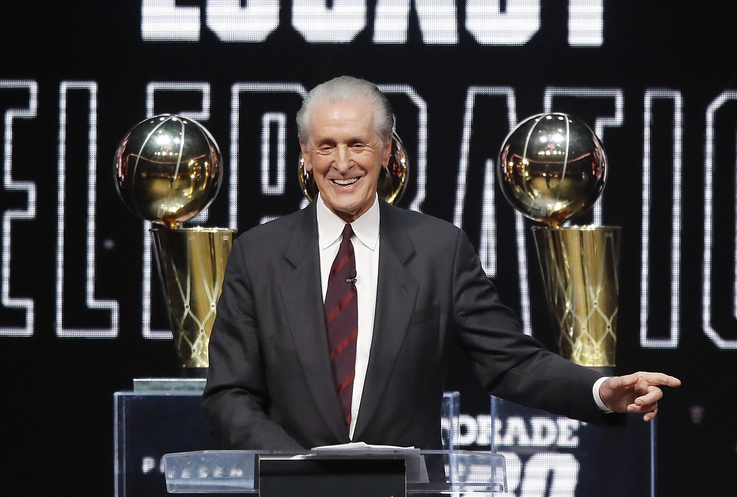 Team president Pat Riley of the Miami Heat speaks during the Miami Heat Dwyane Wade L3GACY Celebration at American Airlines Arena on Feb. 21, 2020.