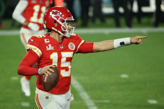 Patrick Mahomes points downfield during the Kansas City Chiefs' Super Bowl 55 defeat.