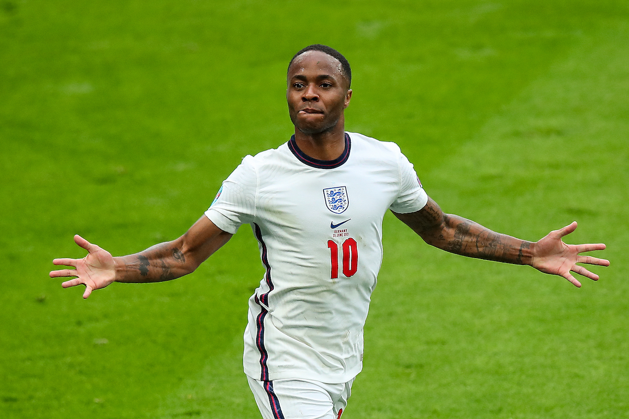 Raheem Sterling of the England National Team celebrates after scoring a goal to make it 1-0 during the UEFA Euro 2020 Championship Round of 16 match between England and Germany at Wembley Stadium on June 29, 2021 in London, United Kingdom.