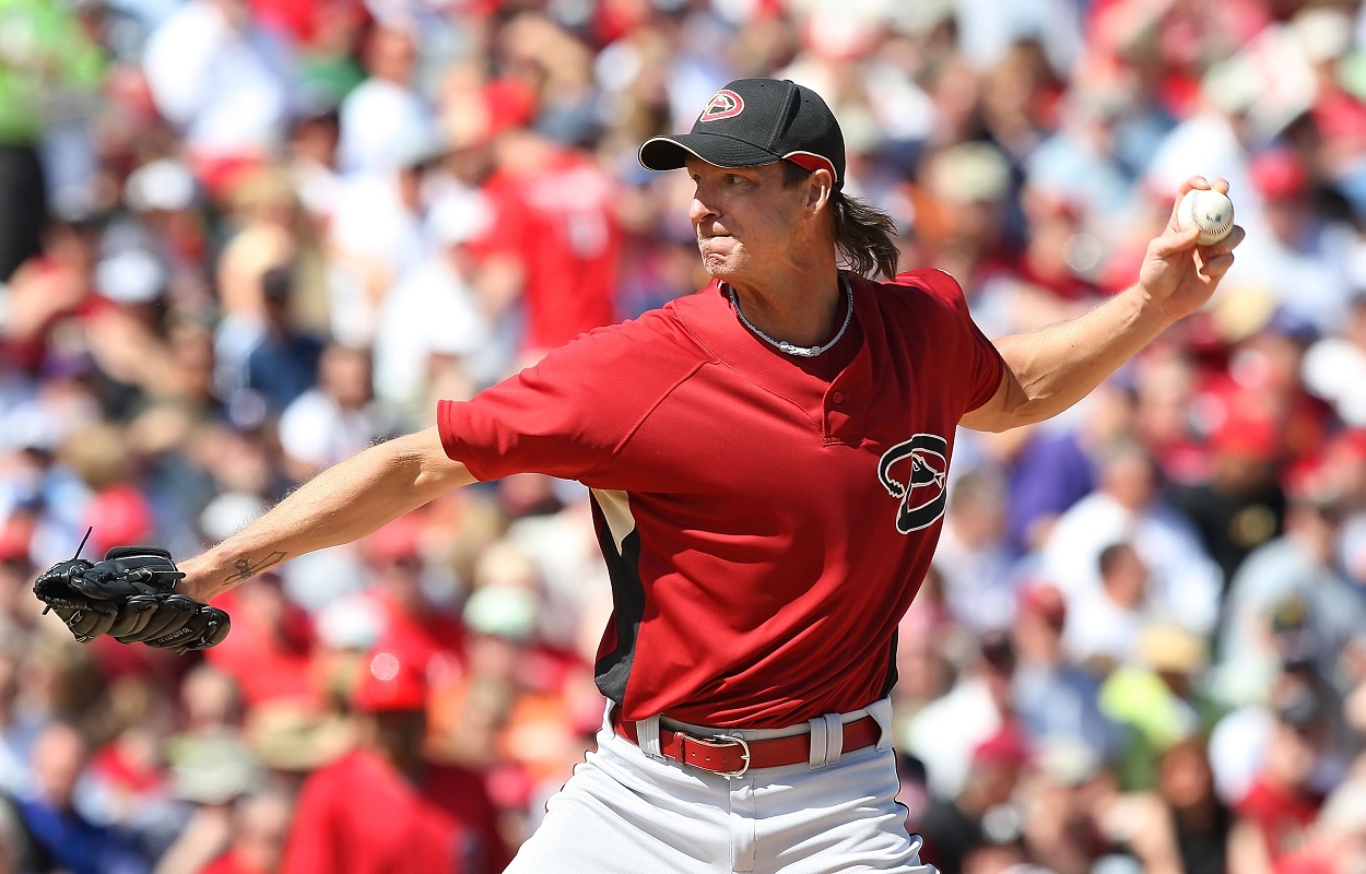 Randy Johnson during a Diamondbacks-Angels game in 2008