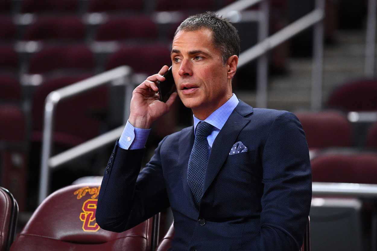 Los Angeles Lakers general manager Rob Pelinka talks on the phone before a college basketball game between the Oregon Ducks and the USC Trojans on February 21, 2019 at Galen Center in Los Angeles, CA.