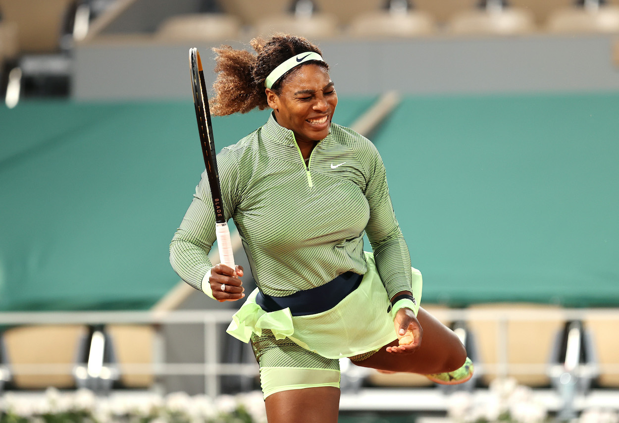 Serena Williams reacts in her singles first round match at the 2021 French Open