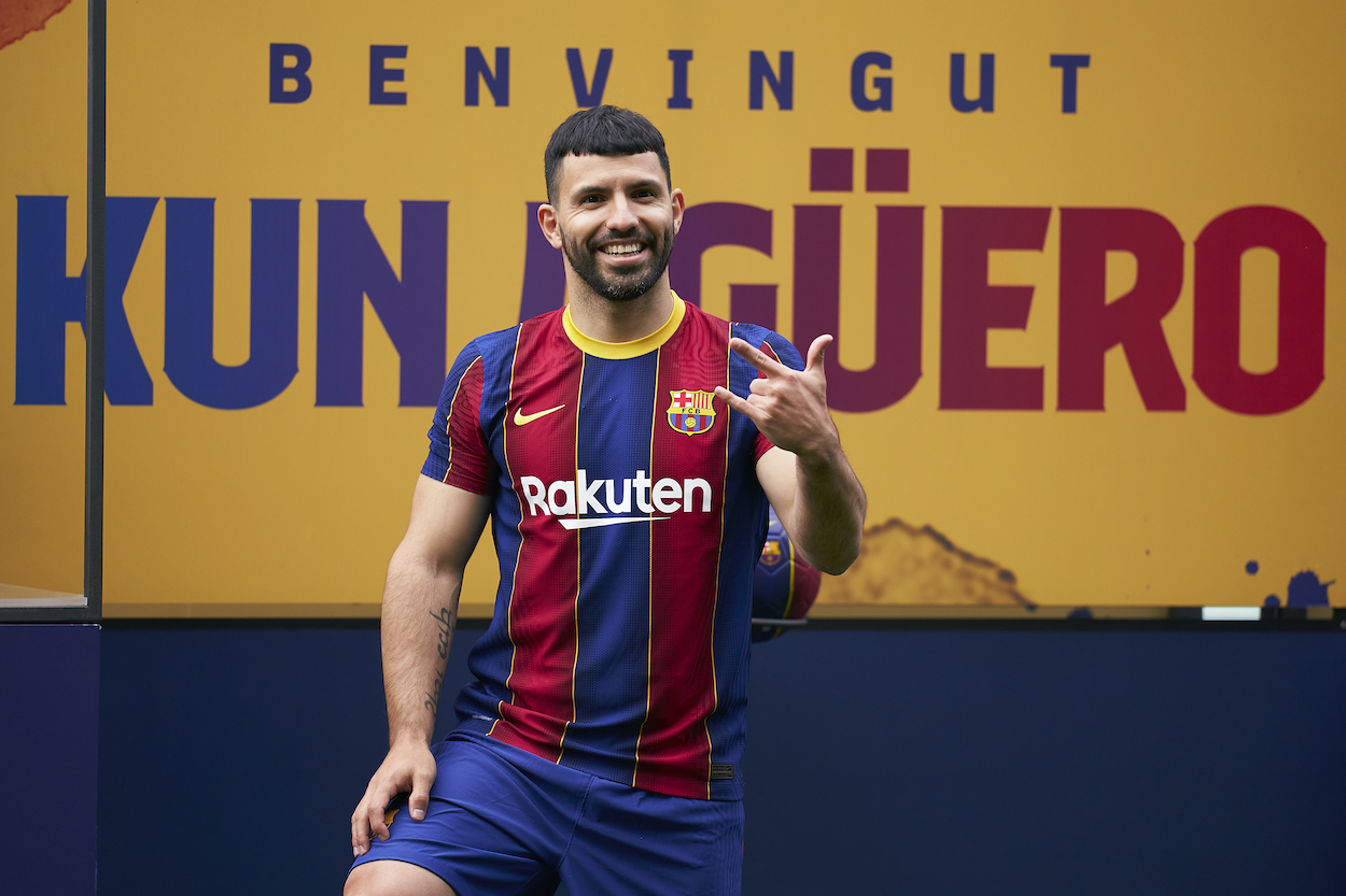 New FC Barcelona signing Sergio Aguero reacts as he is unveiled at Camp Nou on May 31, 2021 in Barcelona, Spain.
