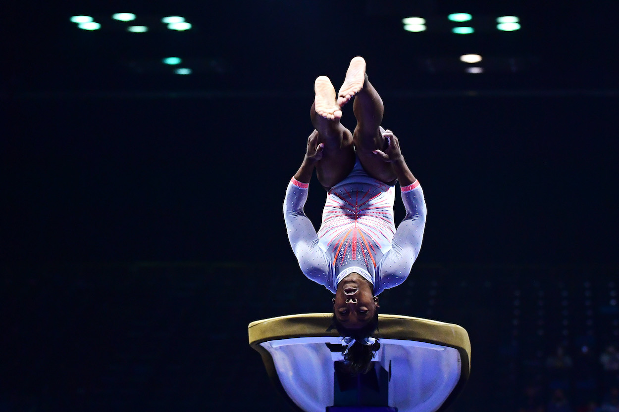 Simone Biles lands the Yurchenko double pike while competing on the vault during the 2021 GK U.S. Classic gymnastics competition