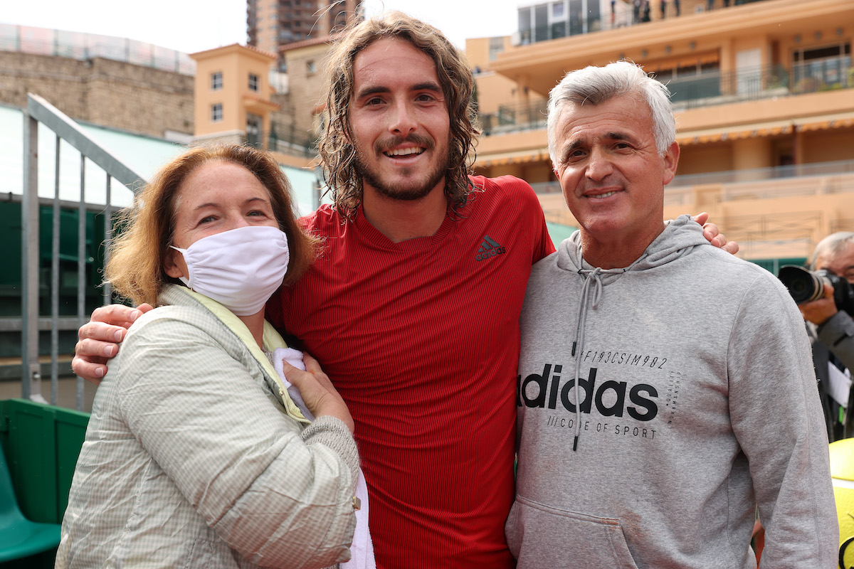 Stefanos Tsitsipas of Greece celebrates with his mom, Julia Apostoli, and dad, Apostolos Tsitsipas