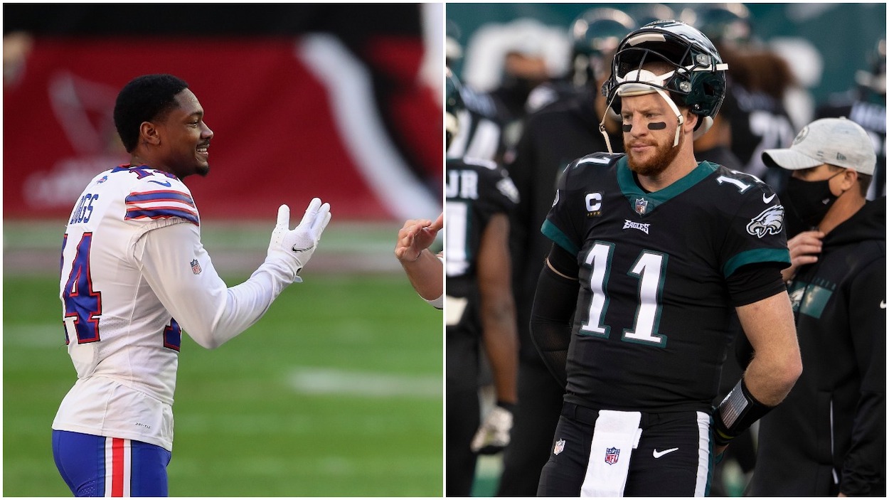 (L-R) Buffalo Bills wide receiver Stefon Diggs, former Philadelphia Eagles and current Indianapolis Colts QB Carson Wentz.