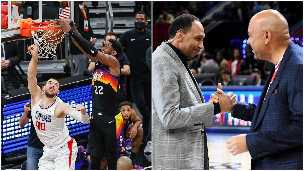 (L-R) Deandre Ayton slams home a buzzer-beater in Game 2 of the Western Conference Finals, ESPN analysts Stephen A. Smith and Michael Wilbon shake hands.
