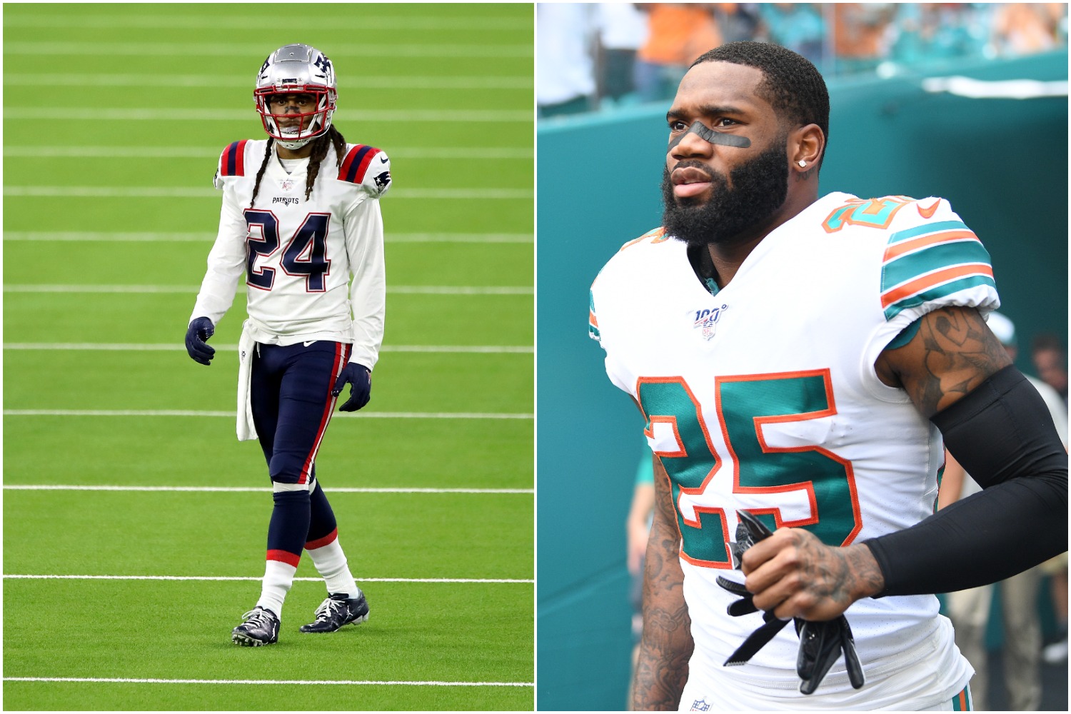 Patriots cornerback Stephon Gilmore stands on the field as Dolphins cornerback Xavien Howard jogs out of the tunnel.