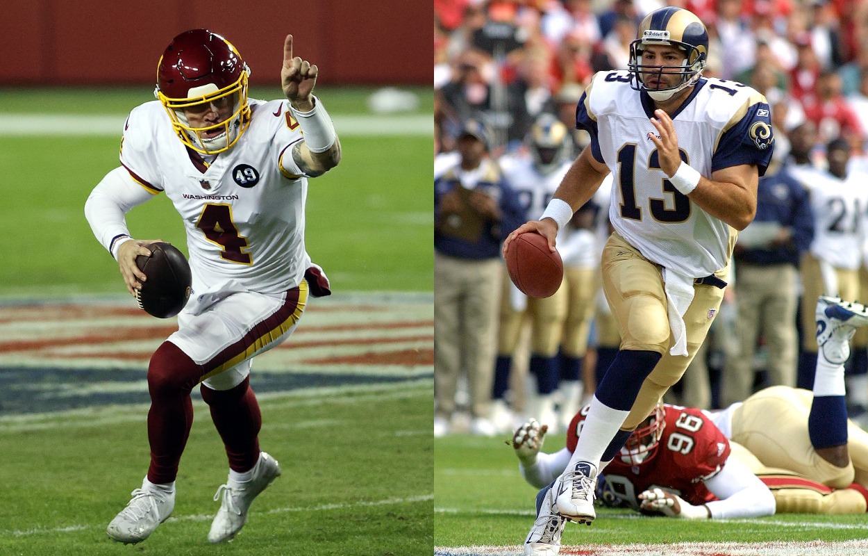 Washington Football Team quarterback Taylor Heinicke in 2021 and St. Louis Rams quarterback Kurt Warner in 2001.