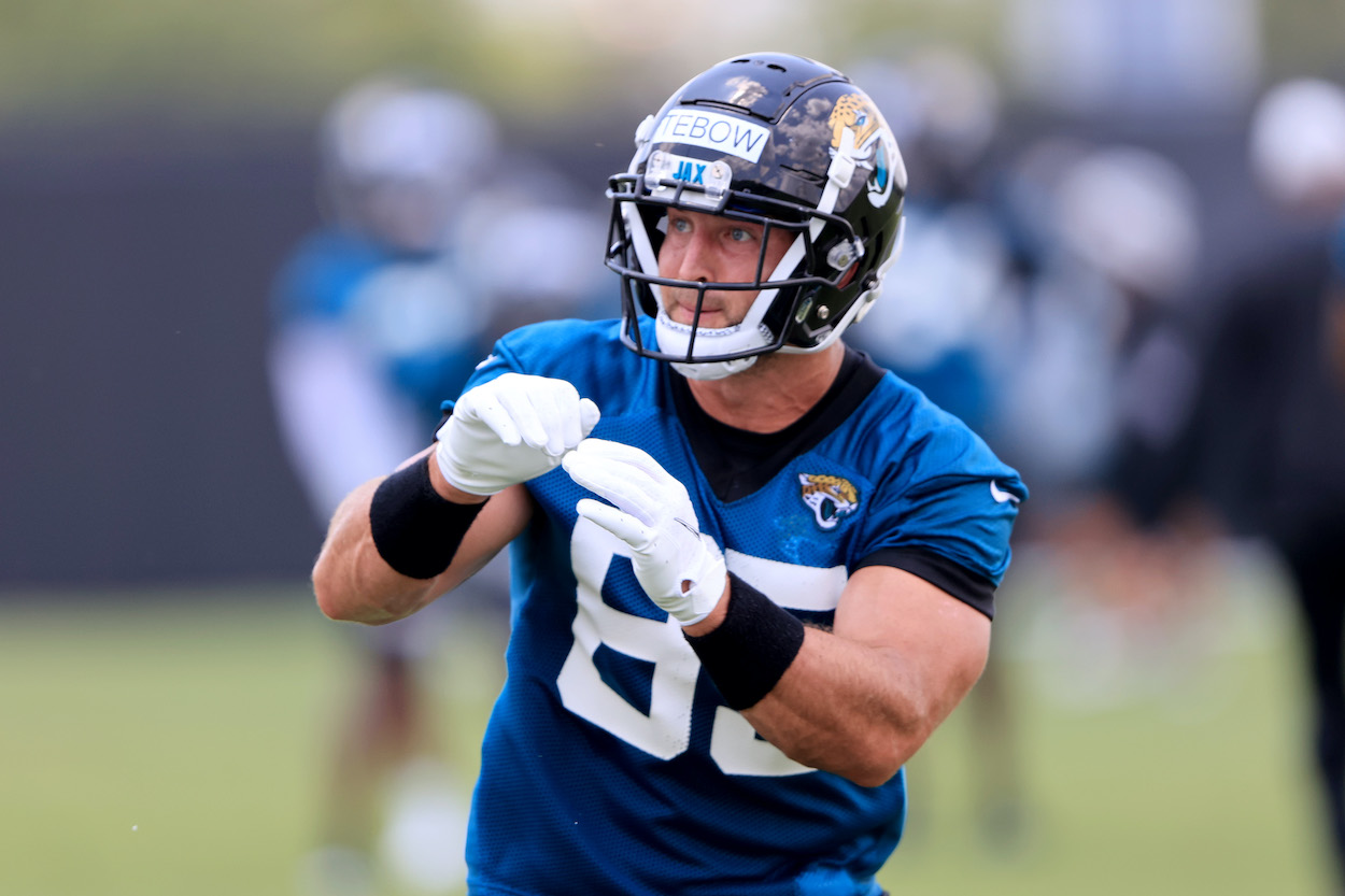 Tim Tebow of the Jacksonville Jaguars participates in drills during Jacksonville Jaguars Training Camp at TIAA Bank Field on May 27, 2021 in Jacksonville, Florida.