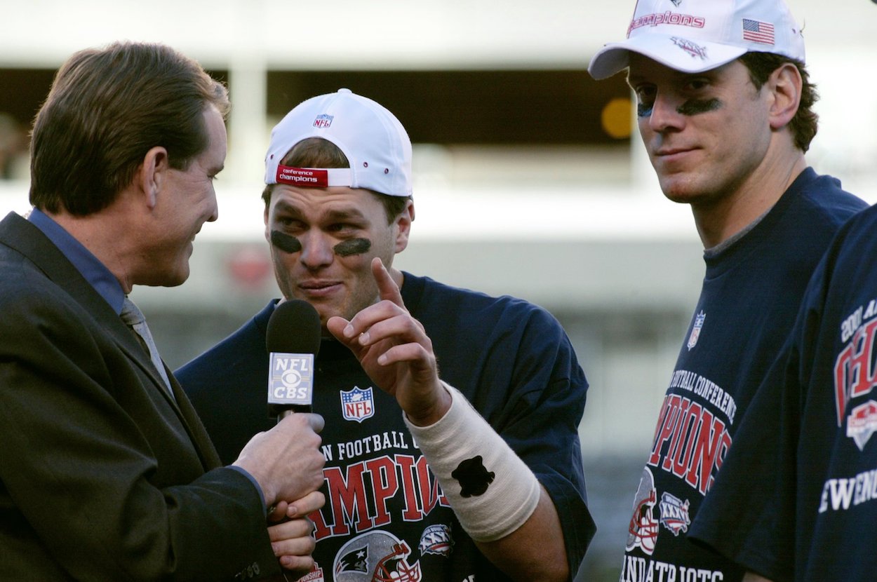 New England Patriots quarterbacks Tom Brady, left, and Drew Bledsoe during interview after the Patriots beat the Pittsburgh Steelers in the AFC championship game.