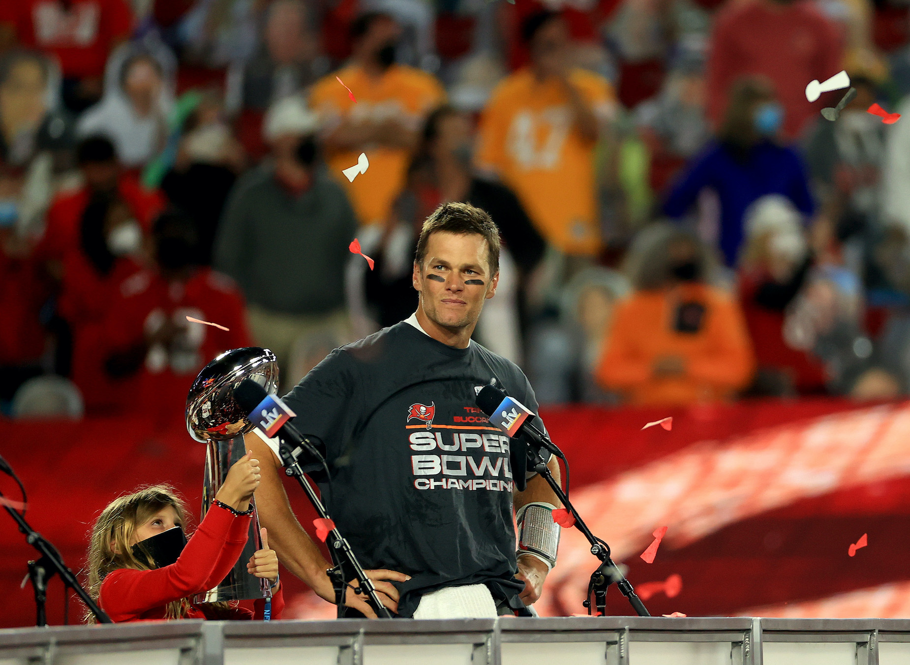 Tom Brady faces the media after leading the Tampa Bay Buccaneers to victory in Super Bowl 55.