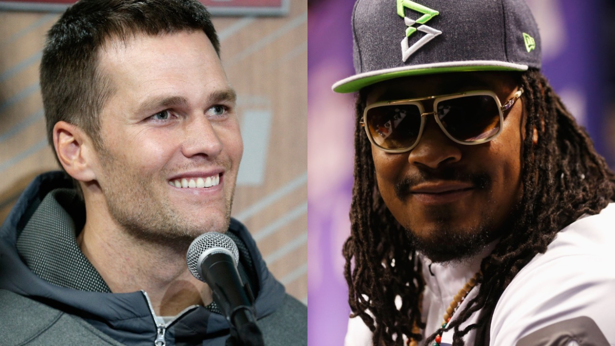 NFL stars Tom Brady and Marshawn Lynch during press conferences.