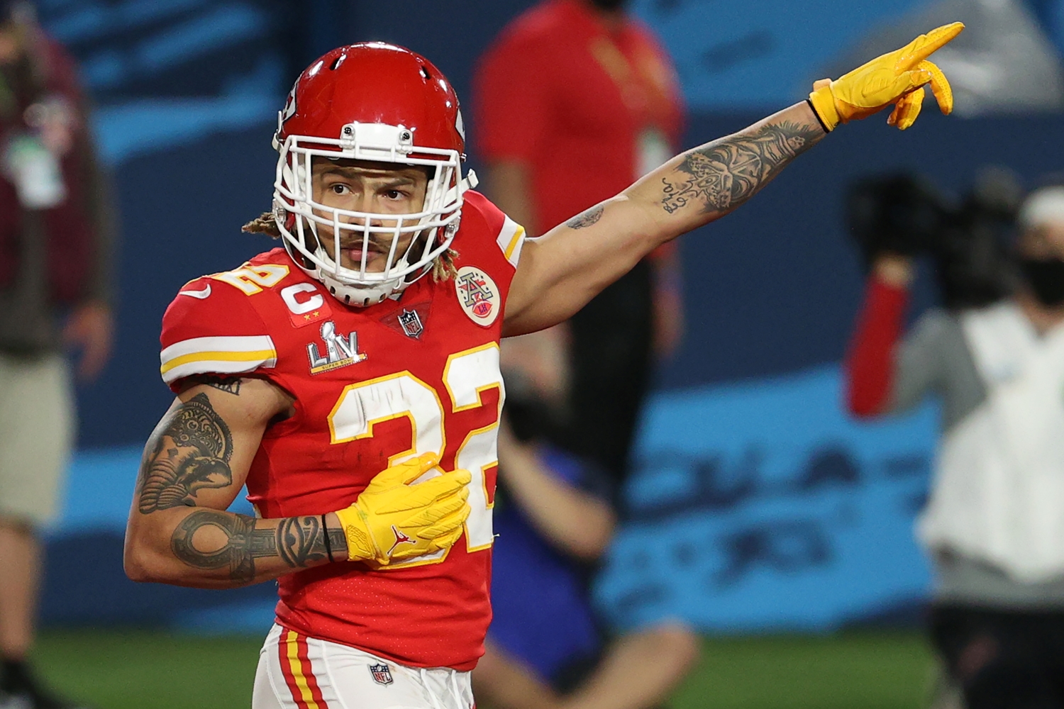 Tyrann Mathieu of the Kansas City Chiefs reacts after a pass interference penalty.