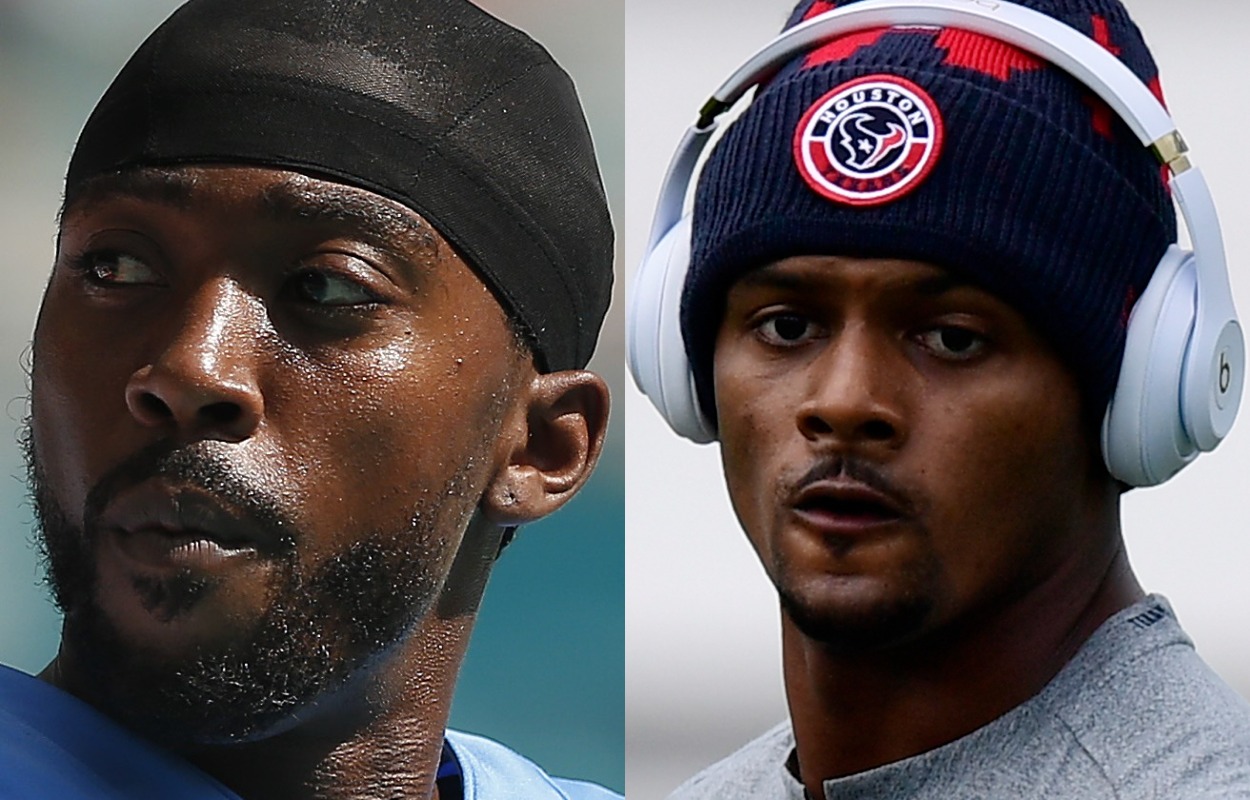 Houston Texans quarterbacks Tyrod Taylor (L) and Deshaun Watson.