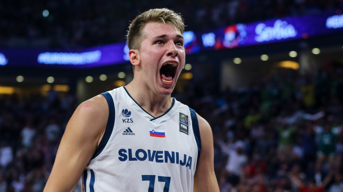 Luka Dončić of Slovenia leads his team into the Olympic Qualifying Tournament in Kaunas, Lithuania