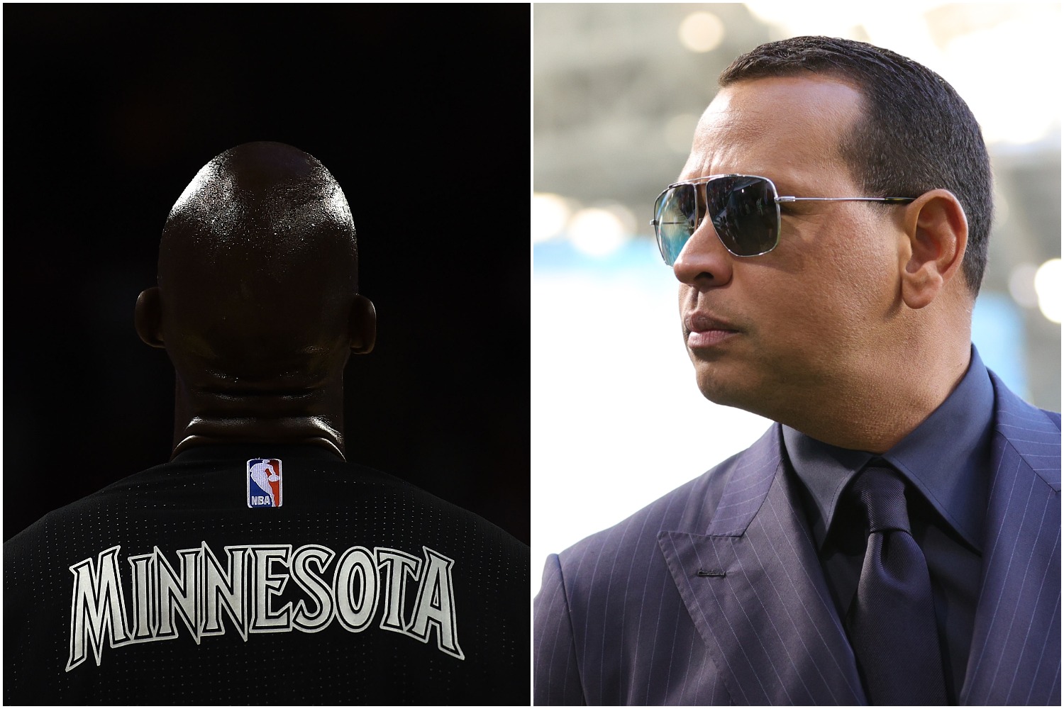 Kevin Garnett stands with his back turned as Alex Rodriguez looks on.