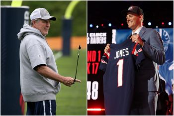 Patriots head coach Bill Belichick watches practice as Mac Jones holds up his Patriots jersey after getting selected 15th overall in the 2021 NFL draft.